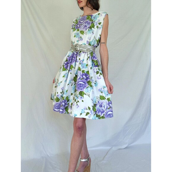 1950s Fit and Flare Floral Cotton Swing Dress: Petite Vintage Dress, Womens L/XL - Picture 11 of 12